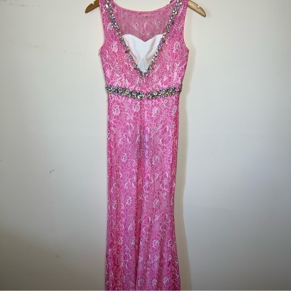 Vienna Prom Pink w/Crystals Vienna 1034 Size 0 Long Lace Prom Dress Pageant Gown - Picture 7 of 16